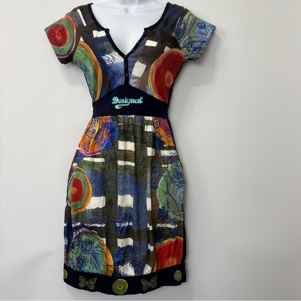 Desigual Y2K Style Fit & Flare Short Sleeve Artsy Pocketed Dress Size Small